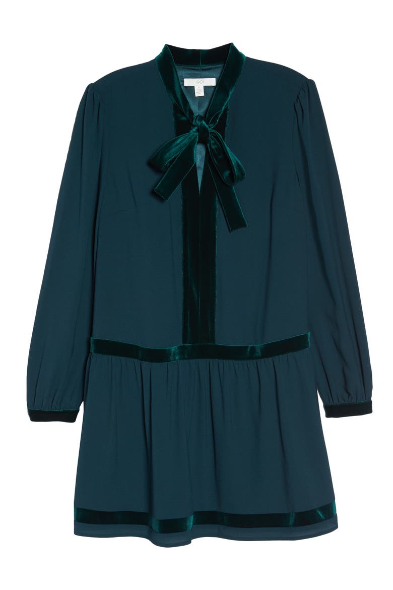 Velvet Trim Tie Neck Dress, Alternate, color, GREEN PONDEROSA
