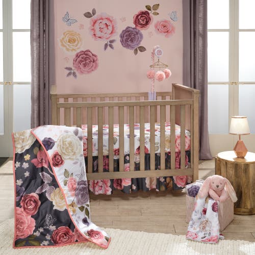 Lambs & Ivy Secret Garden Luxury Floral 3-piece Cotton Sateen Crib Bedding Set In Pink