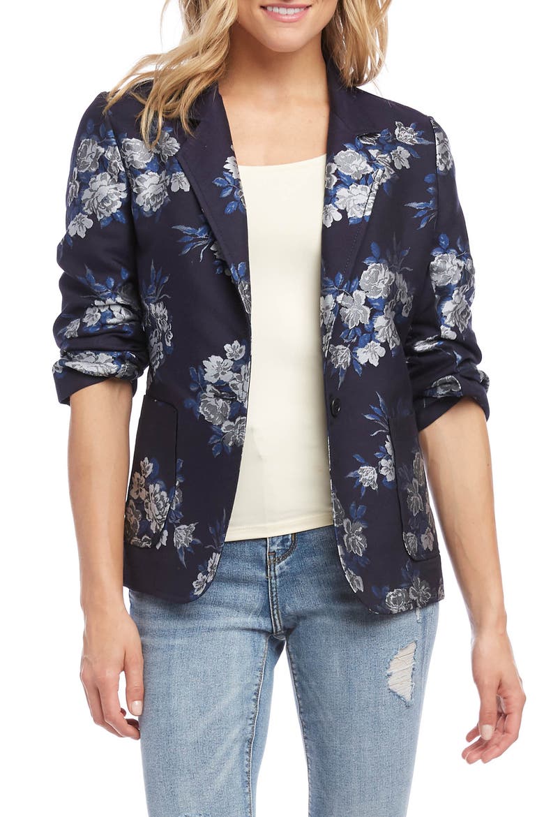 Floral Jacquard Ruched Sleeve Jacket, Main, color, NAVY