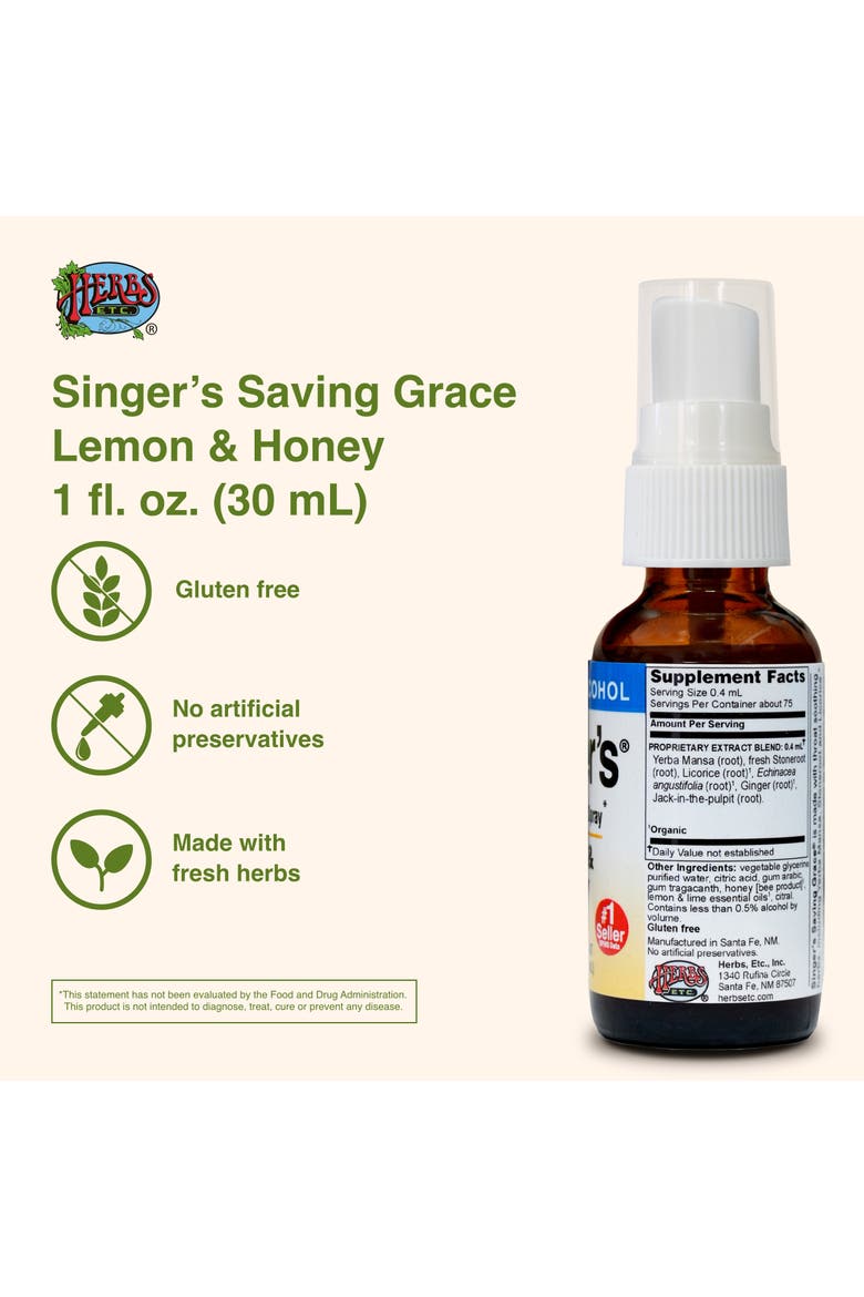 Singer's Saving Grace Lemon & Honey - Herbal Remedy Spray Aids Throat Comfort & Health - Soothing Hydrating Throat Support - Throat Relief Spray with Licorice - 1 fl oz, Alternate, color, No Color