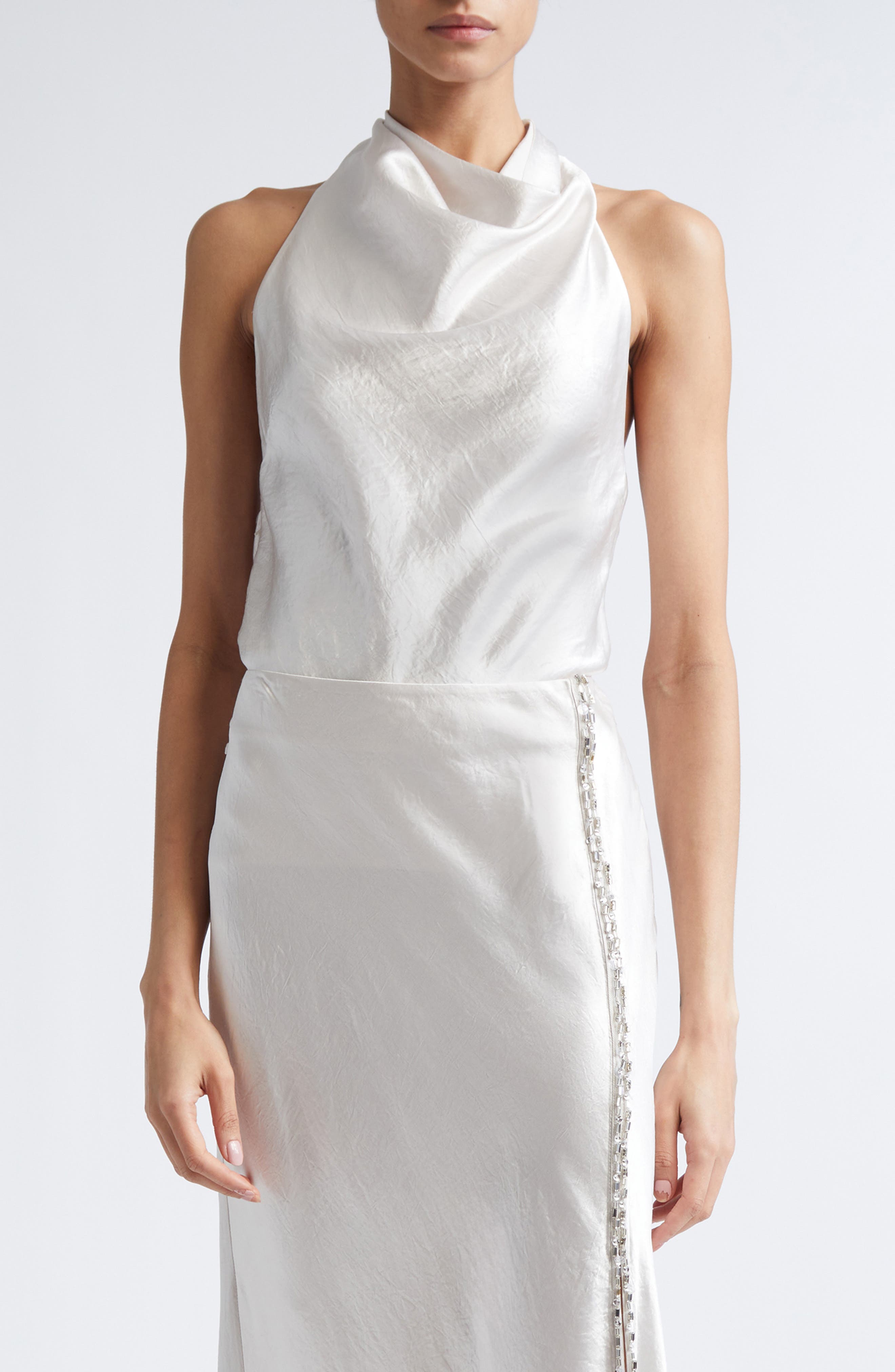 Embellished Cowl Back Washed Twill Halter Top