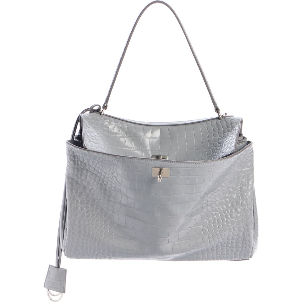 Balenciaga Medium Rodeo Croc Embossed Leather Handbag In Gray