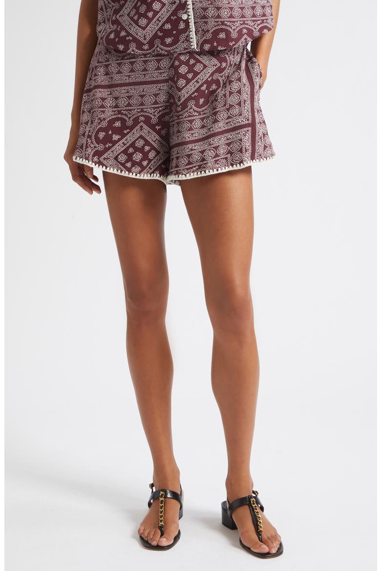 Tennison Bandana Print High Rise Cotton Blend Shorts, Main, color, RAISIN DOVE