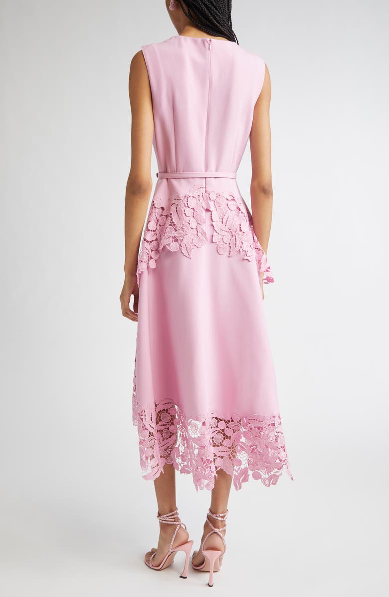 Oscar de la Renta Cherry Blossom Guipure Lace Trim Belted Midi Dress, Alternate, color, Lily