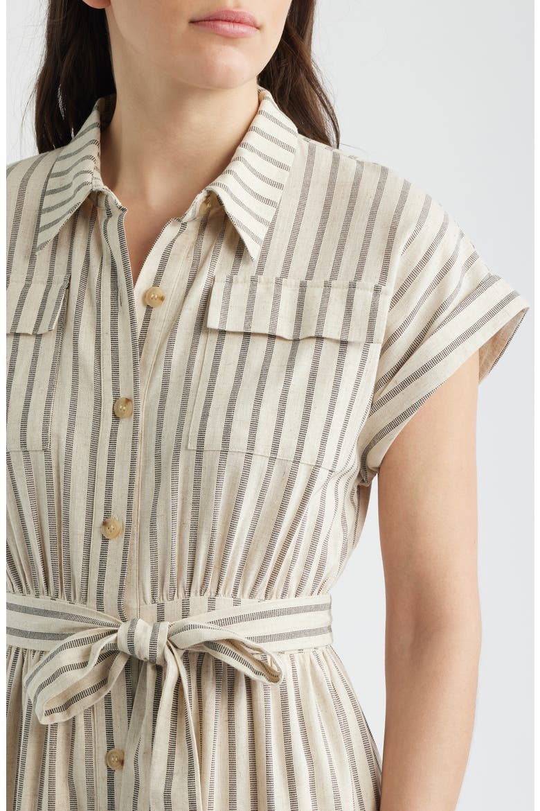 Stripe Belted Linen Midi Shirtdress, Alternate, color, LIGHT TAUPE