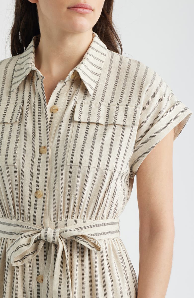 ZOE AND CLAIRE Stripe Belted Linen Midi Shirtdress, Alternate, color, Light Taupe