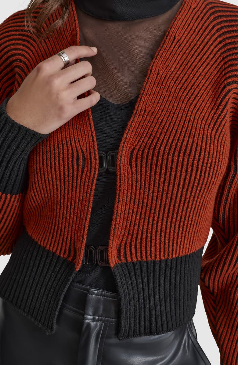 DKNY Contrast Rib Cardigan, Alternate, color, Russet/ Black