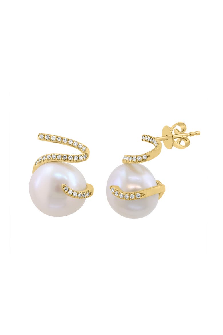 14K Yellow Gold Baroque Freshwater Pearl & Diamond Ribbon Stud Earrings, Alternate, color, 14K Gold