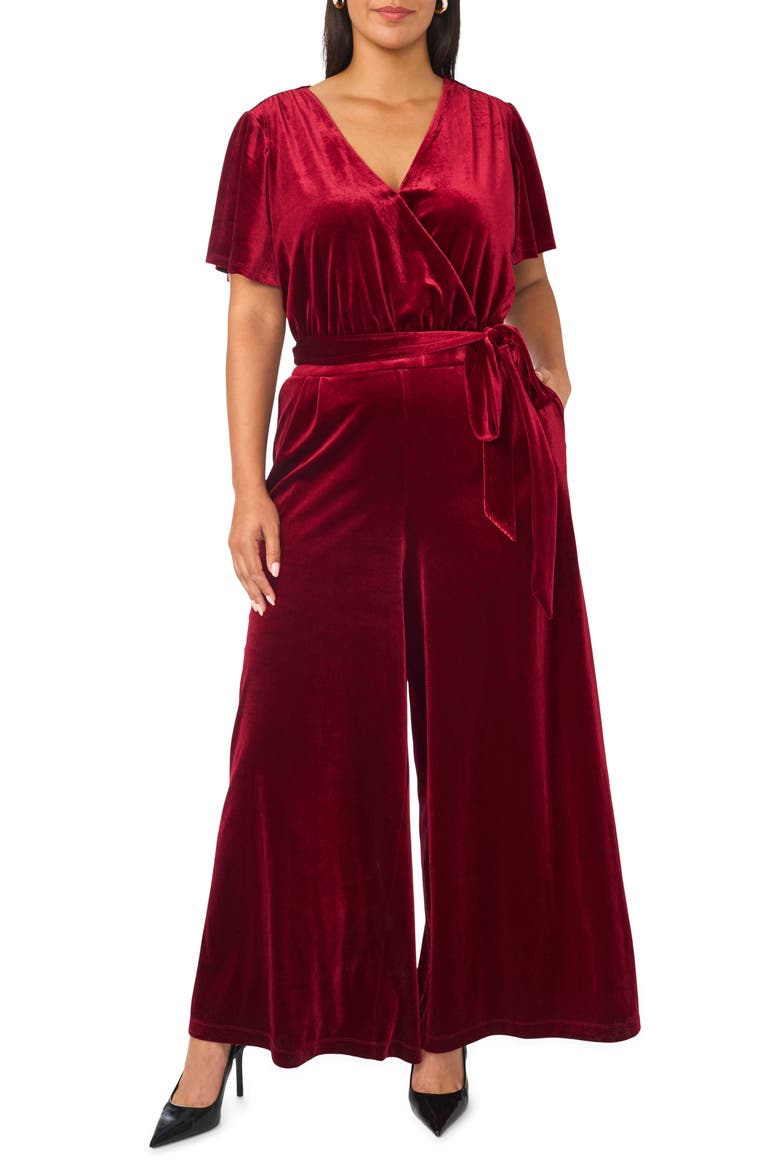 Flutter Sleeve Surplice Velvet Jumpsuit, Main, color, CRISP MERLOT