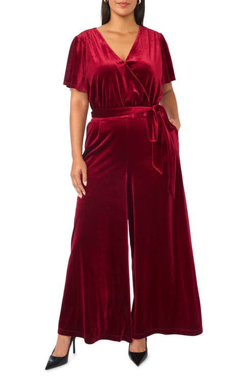 Flutter Sleeve Surplice Velvet Jumpsuit