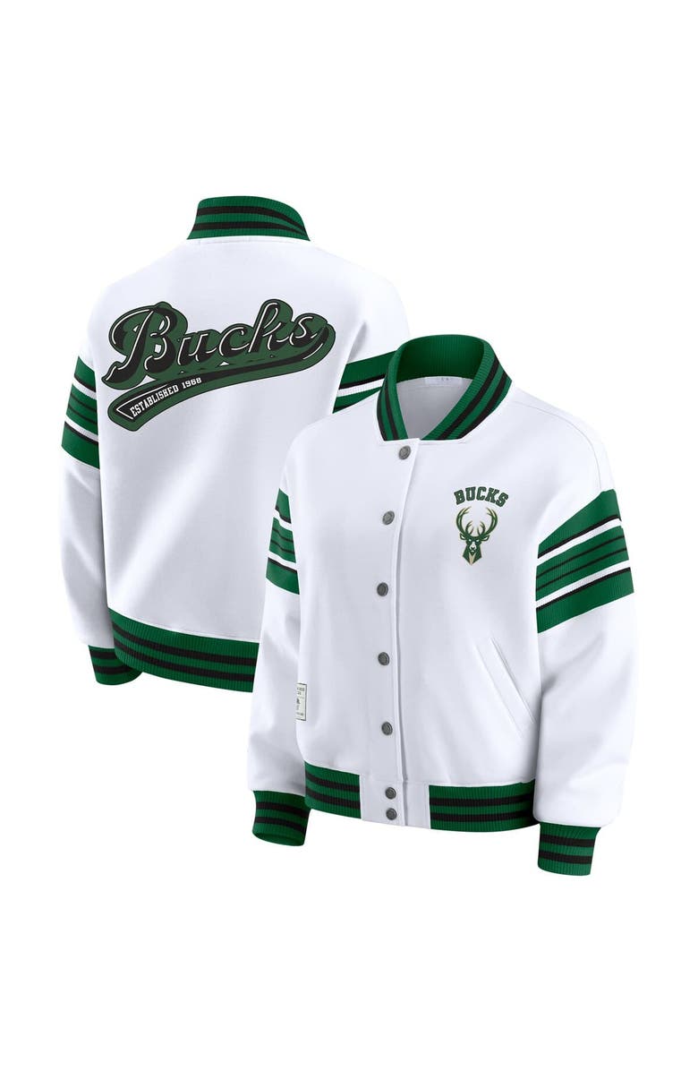 WEAR by Erin Andrews Women's WEAR by Erin Andrews White Milwaukee Bucks Full-Snap Fleece Sweatshirt Jacket, Main, color, White
