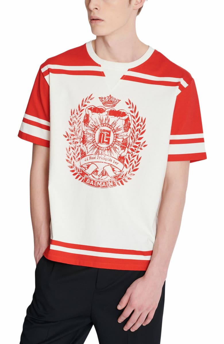 Balmain Varsity T-Shirt With Balmain Écusson Print, Alternate, color, Red