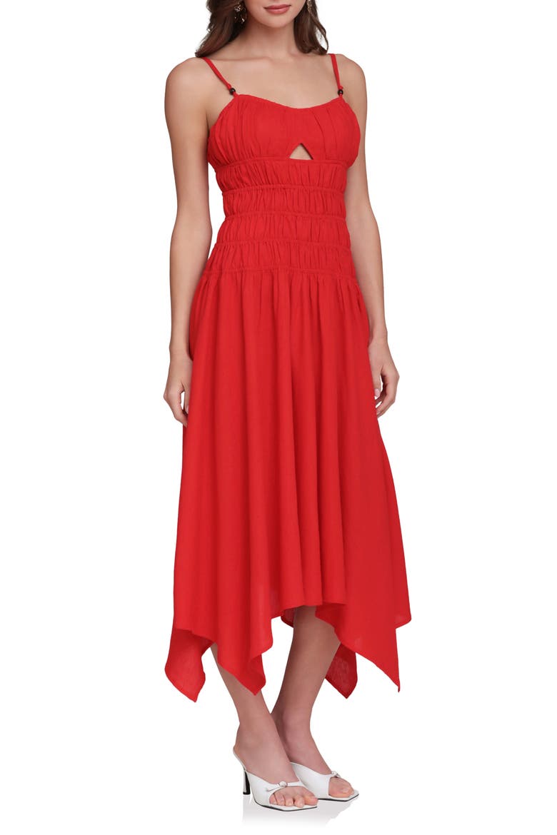 Shirred Handkerchief Midi Dress, Alternate, color, HOT RED