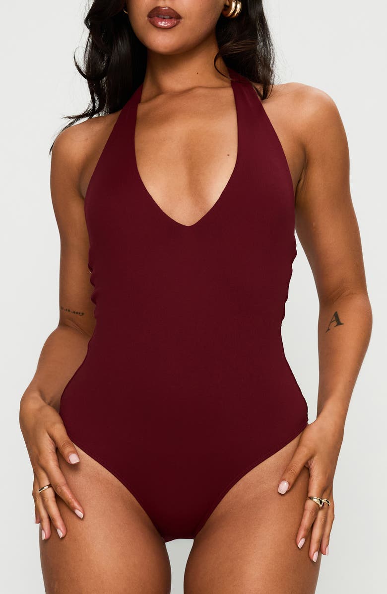 Princess Polly Someone New Halter Bodysuit, Main, color, Burgundy