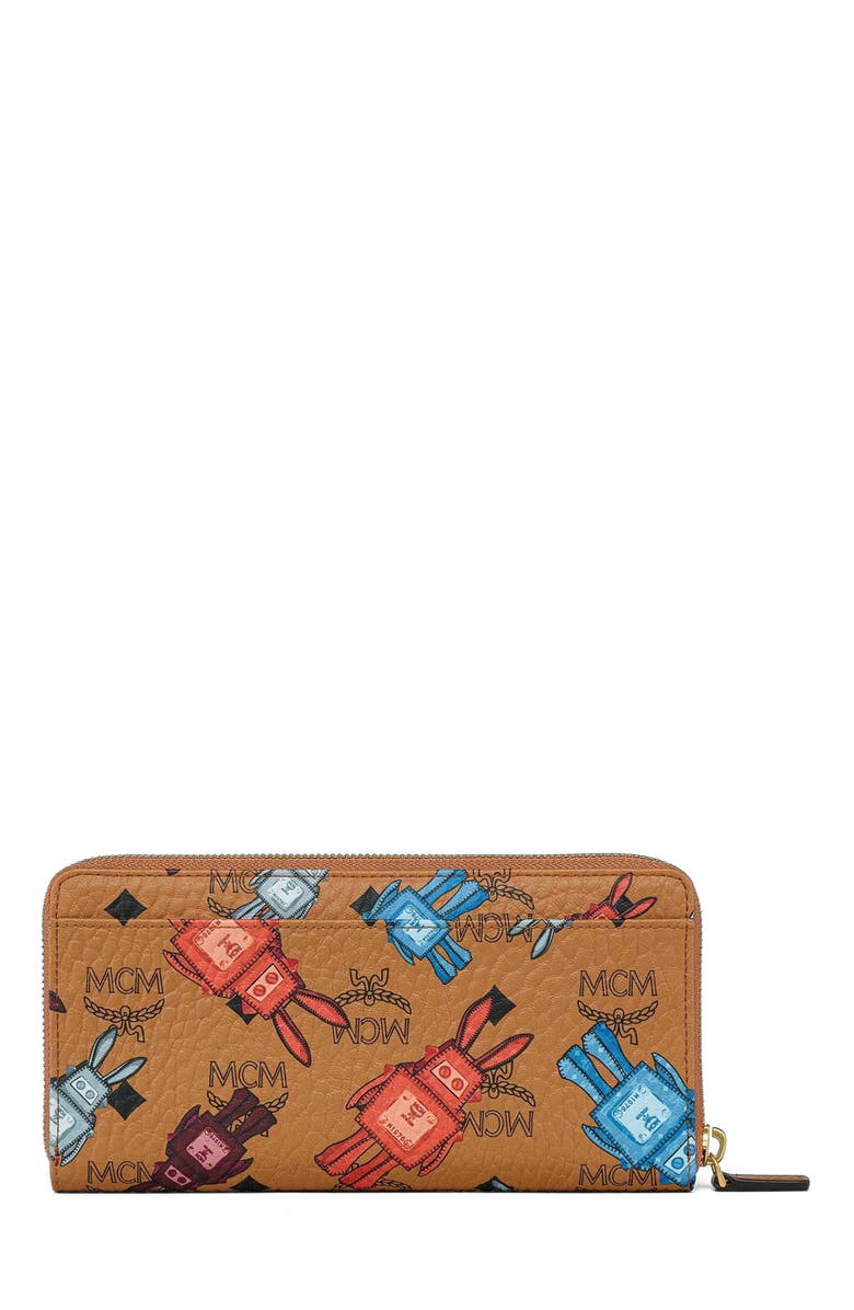 MCM Aren Zip Around Wallet in Rabot Visetos, Alternate, color, Cognac