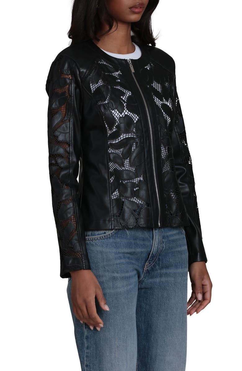 Bagatelle Embroidered Lace Faux Leather Moto Jacket, Alternate, color, Black