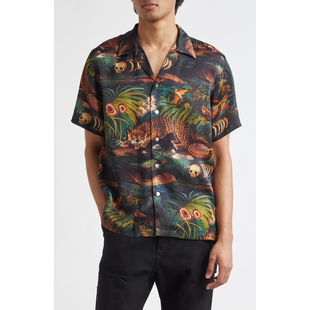Endless Joy Jungle Print Silk Satin Camp Shirt In Black Multi