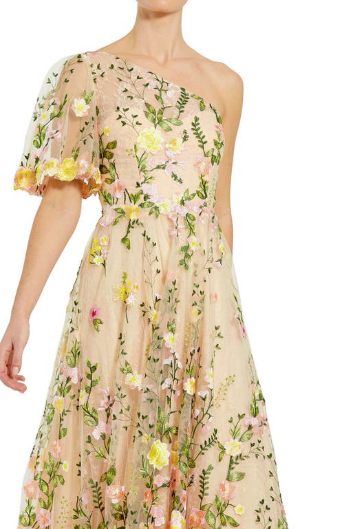 Mac Duggal One Shoulder Floral Lace Embroidered Dress In Multi