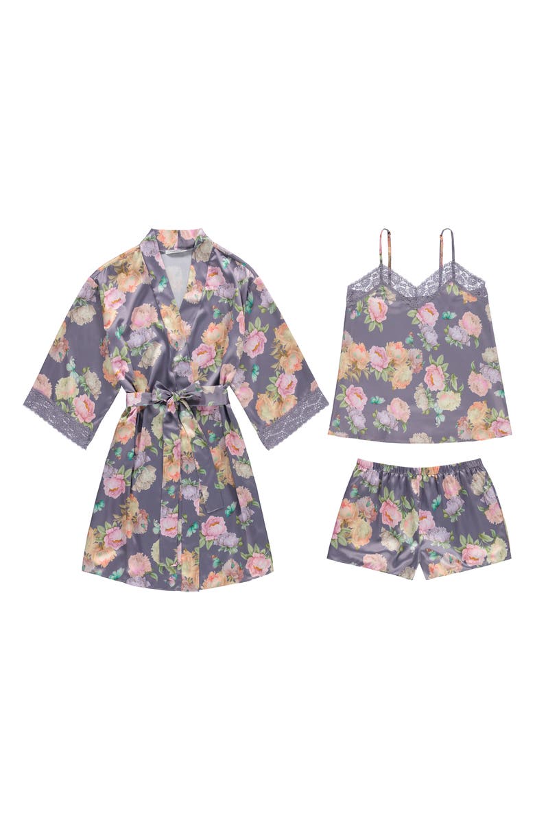 Flora Nikrooz Sabrina Floral Print Satin Short Pajamas & Robe Set, Alternate, color, 