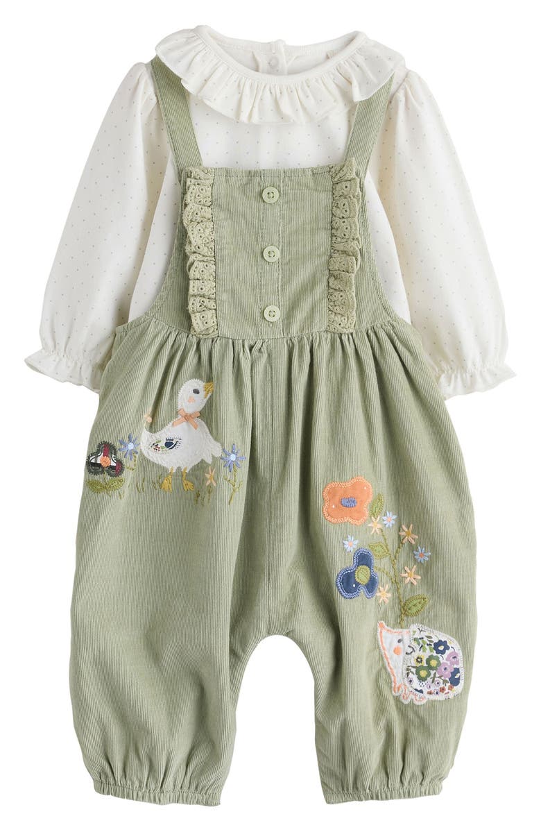 NEXT Ruffle Collar Bodysuit & Appliqué Corduroy Overalls Set, Main, color, Green