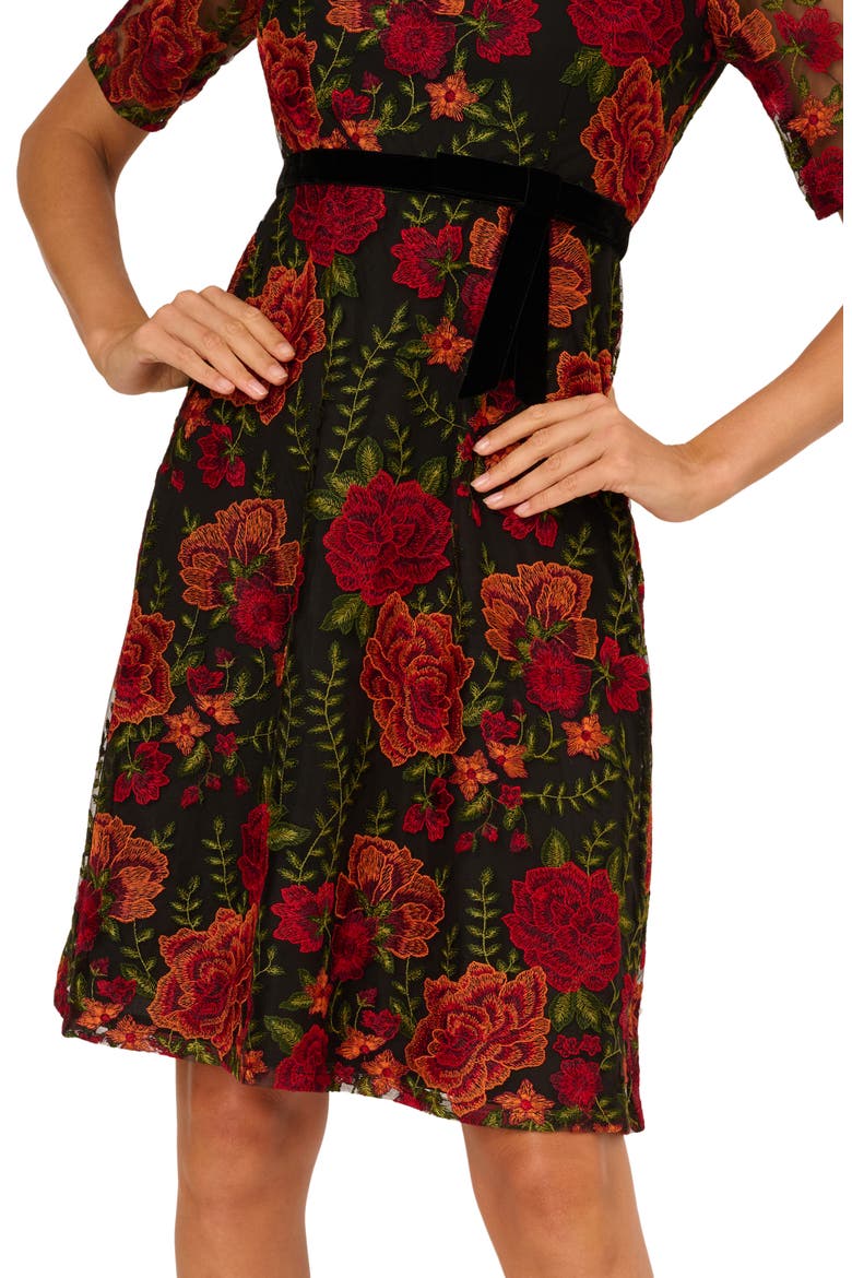 Floral Embroidered Cocktail Dress, Alternate, color, RED/ BLACK MULTI