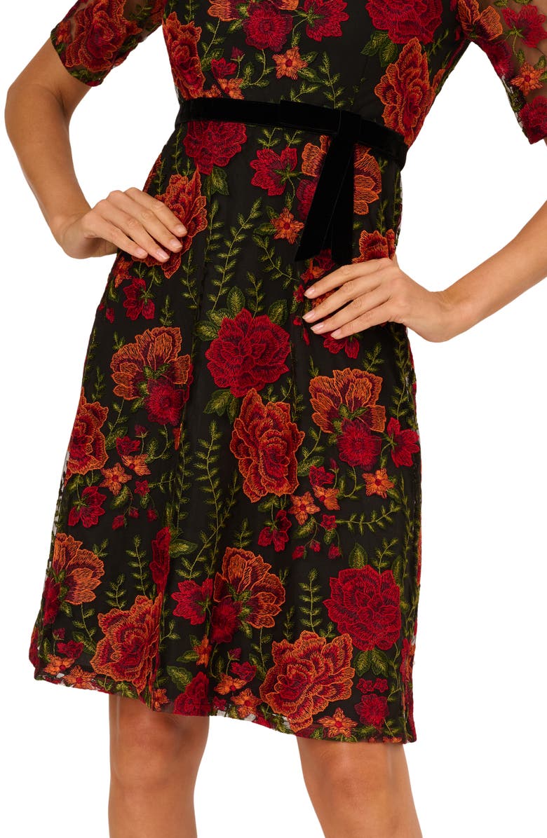 Adrianna Papell Floral Embroidered Cocktail Dress, Alternate, color, Red/ Black Multi