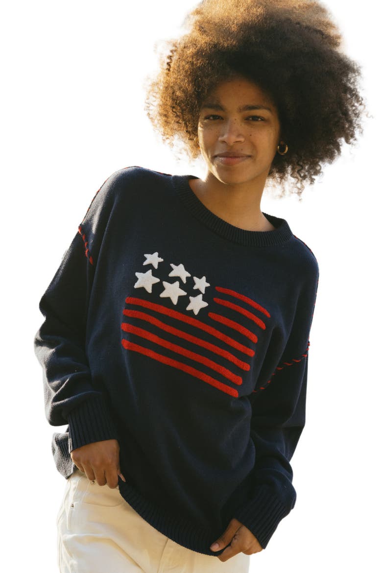 Riley Crewneck Sweater American Flag, Alternate, color, Navy