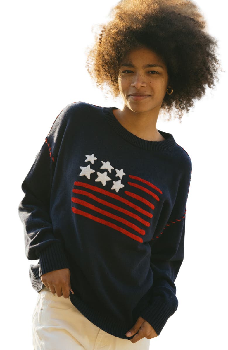 Ellsworth + Ivey Riley Crewneck Sweater American Flag, Alternate, color, Navy