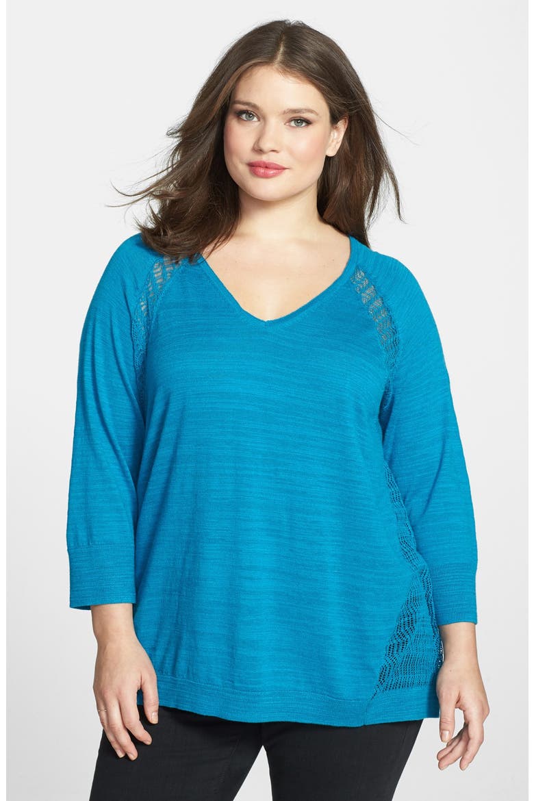 Lace Inset Slub Knit Pullover, Main, color, BLUE SEAPORT