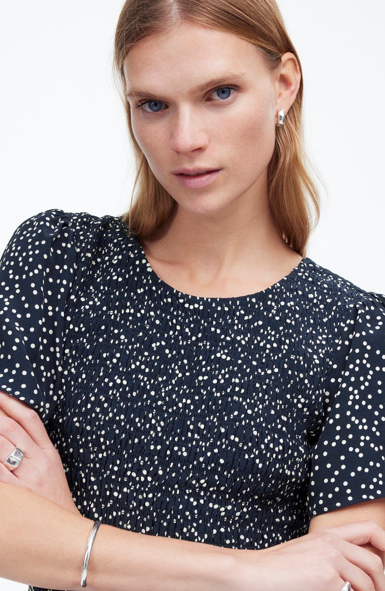 Madewell Smocked Midi Dress, Alternate, color, Midi Tossed Dot Flat Crepenavy