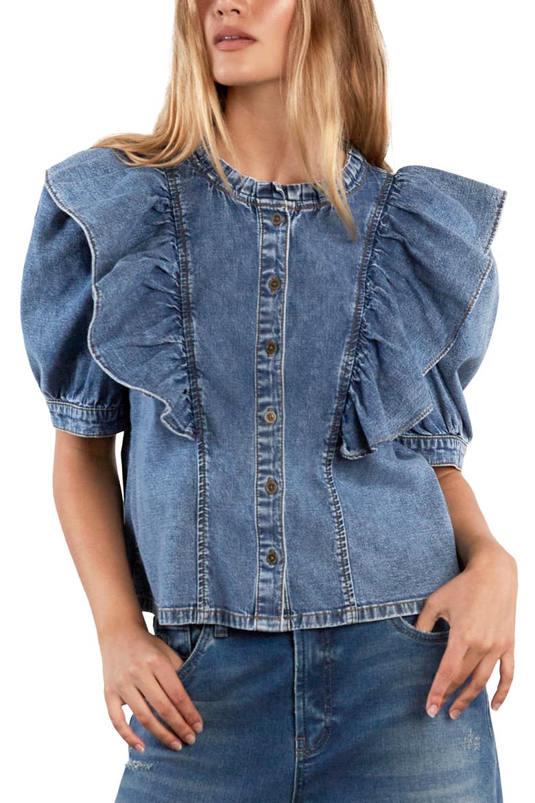 Daydream Ruffle Denim Shirt, Main, color, RELAXED BLUE