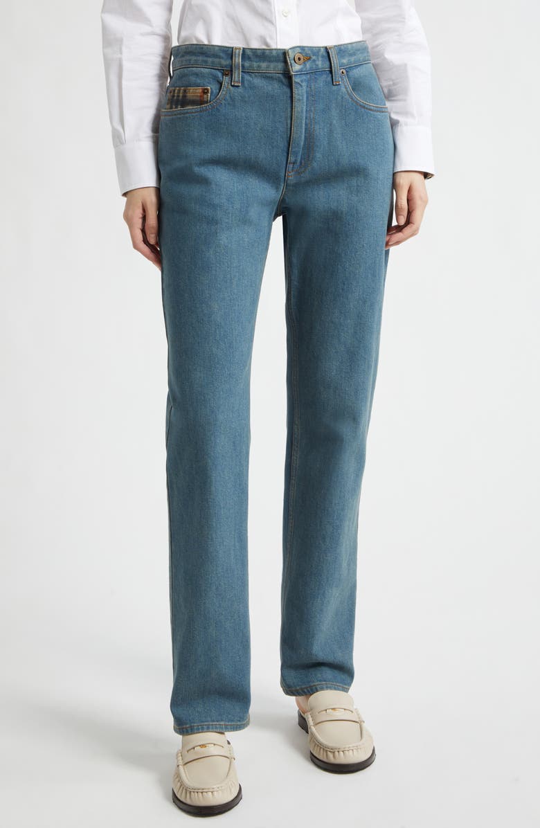 Burberry Dalia Check Pocket Straight Leg Jeans, Main, color, Mid Blue