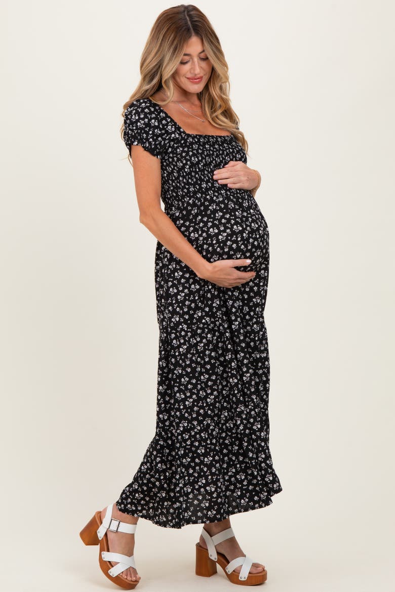 Floral Smocked Puff Sleeve Maxi Dress, Alternate, color, Black