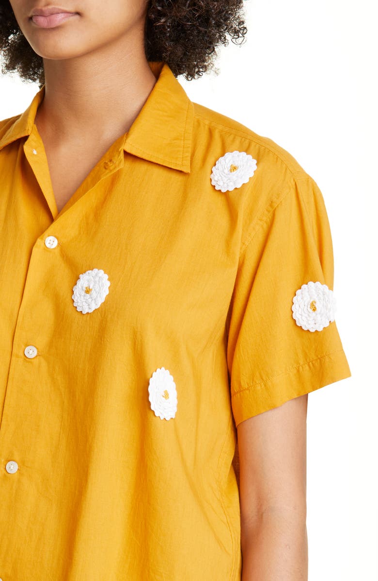 Bode Daisy Rickrack Short Sleeve Cotton Button-Up Shirt, Alternate, color,