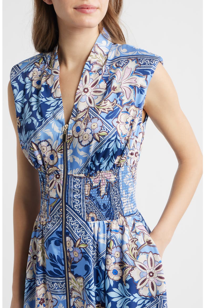 Scarf Print Zip Front Midi Dress, Alternate, color, BLUE MULTI