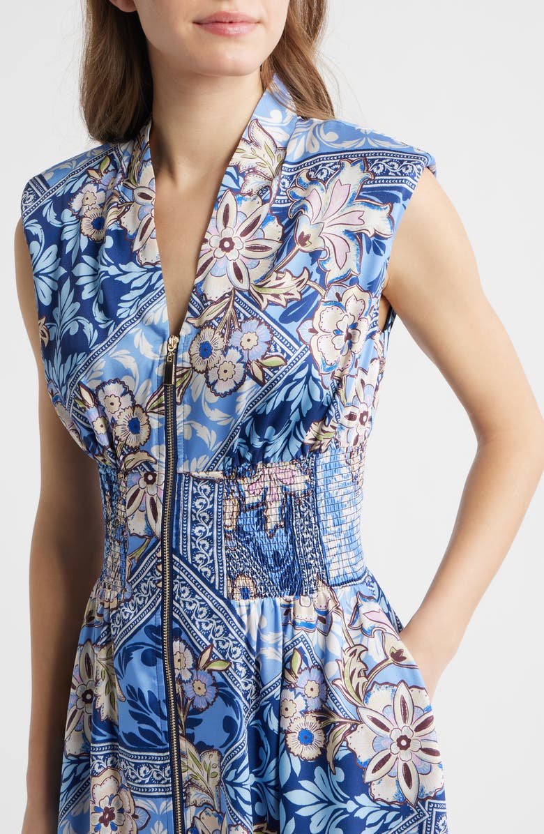 Vince Camuto Scarf Print Zip Front Midi Dress, Alternate, color, Blue Multi