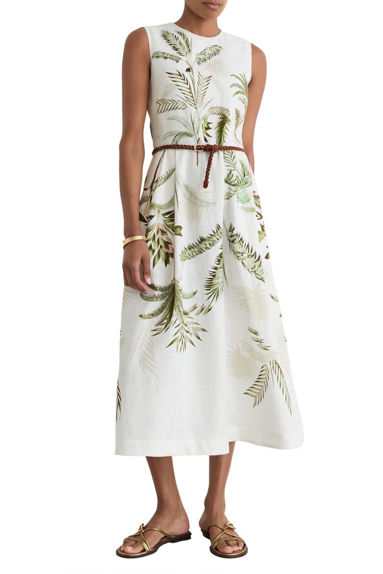 Palma Palm Print Linen Midi Dress, Main, color, IVORY/ KHAKI