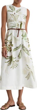 Reiss Palma Palm Print Linen Midi Dress