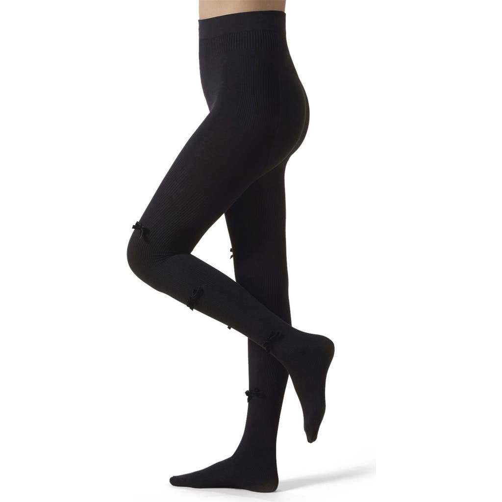 Memoi Velvet Bow Rib Cotton Tights In Black