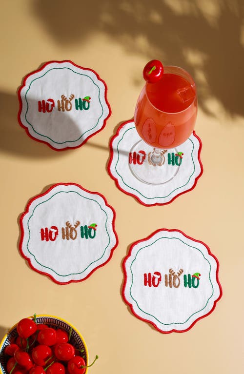 Tiramisu Set Of 4 Embroidered Ho Ho Ho Linen Cocktail Napkins In Multi