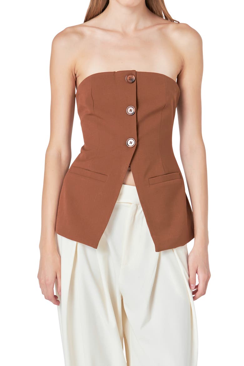 Button Strapless Top, Alternate, color, BROWN