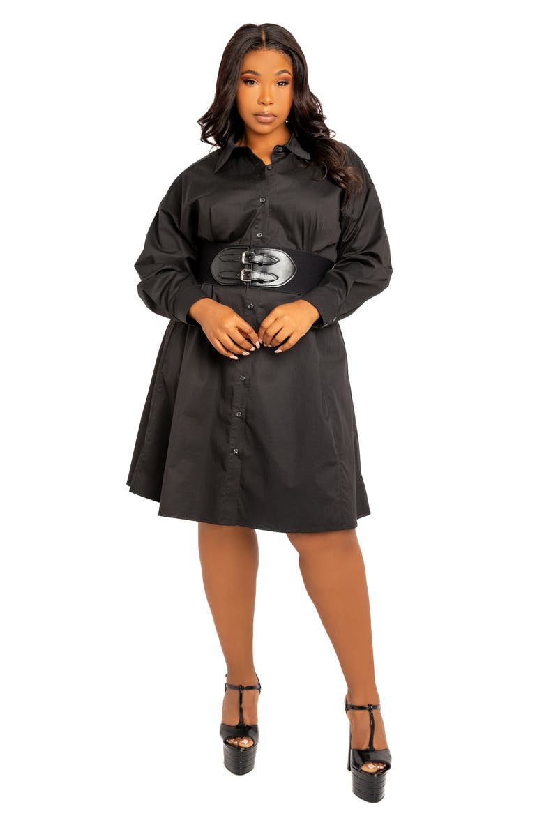 Cinch Waist Long Sleeve Belt Cotton blend Shirtdress, Alternate, color, BLACK