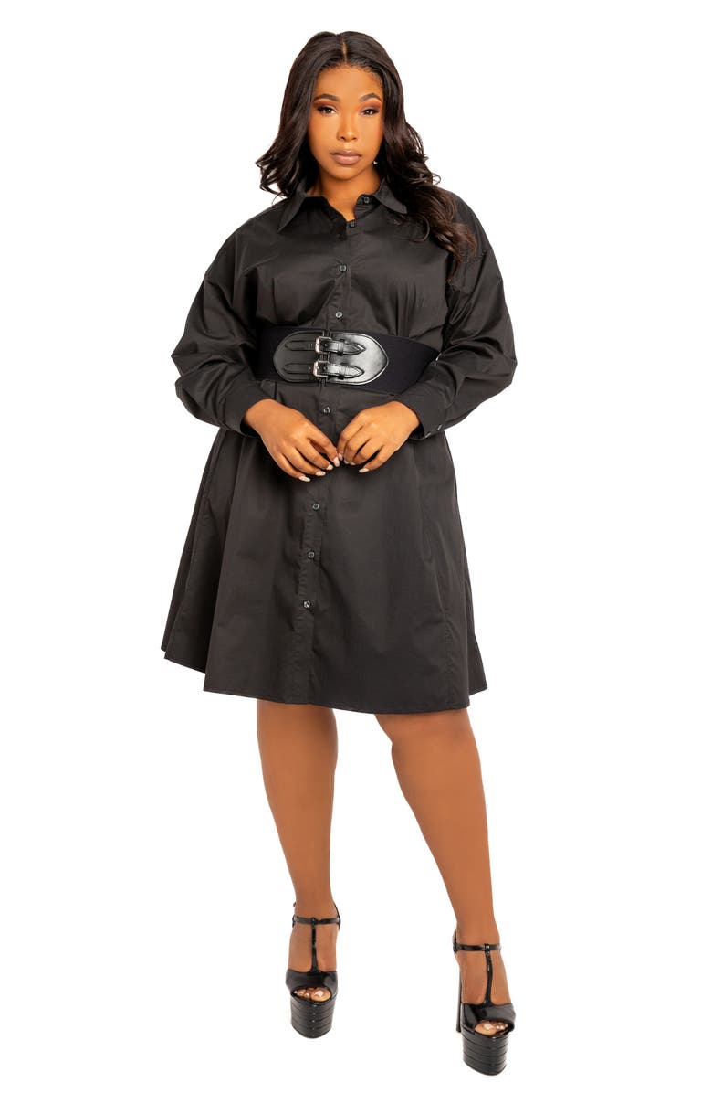 BUXOM COUTURE Cinch Waist Long Sleeve Belt Cotton blend Shirtdress, Alternate, color, Black