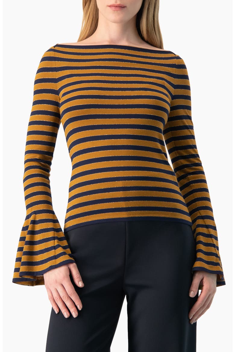 Boat-Neck Bell-Sleeve Striped Blouse, Main, color, Camel