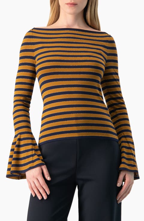 Boat-Neck Bell-Sleeve Striped Blouse