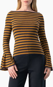 IVONNE Boat-Neck Bell-Sleeve Striped Blouse