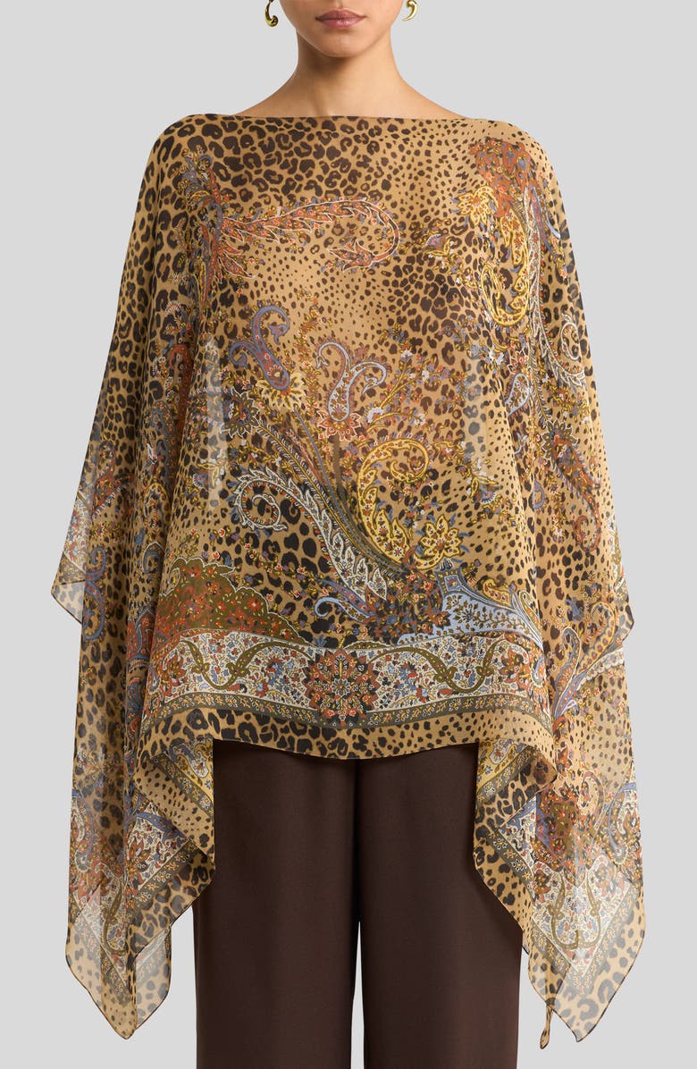 Etro Print Silk Chiffon Poncho, Main, color, Printed Brown Base