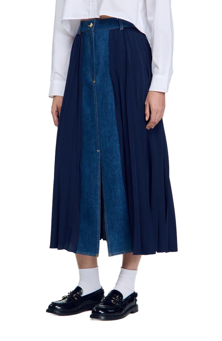 SANDRO Dual-material denim pleated skirt, Alternate, color,