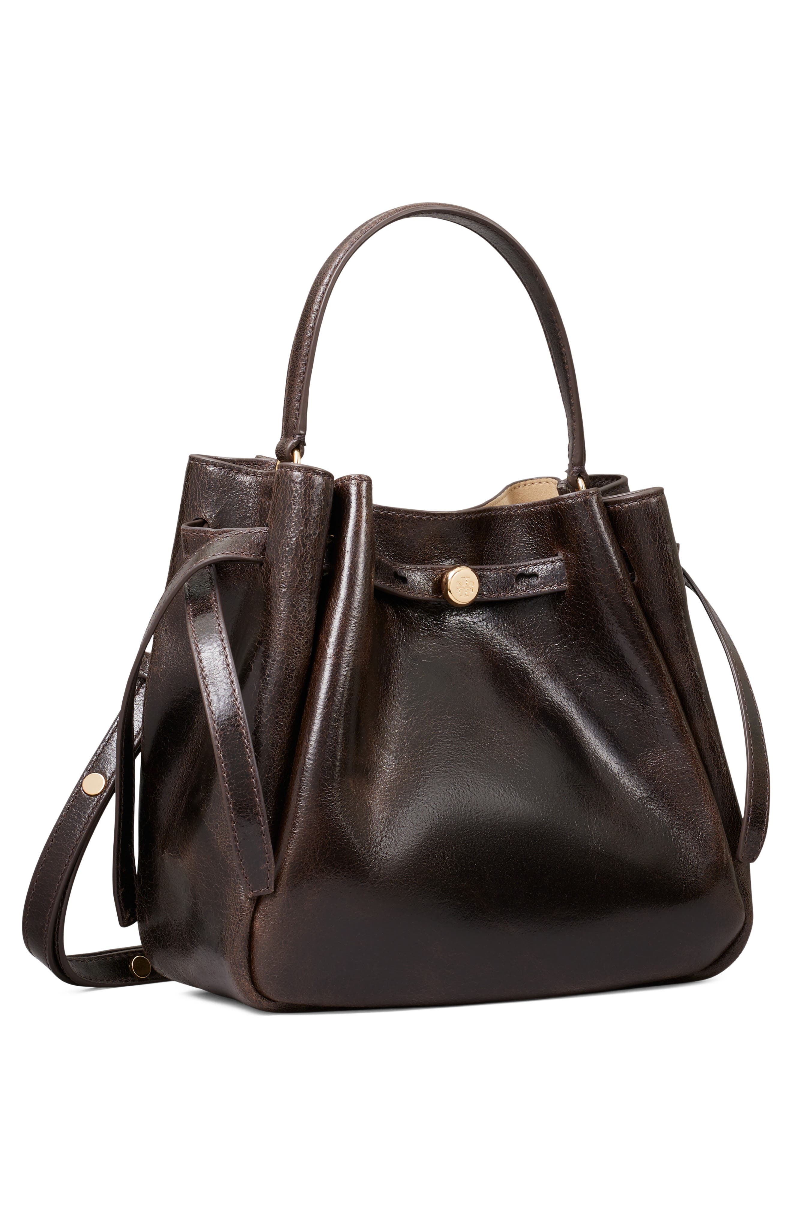 Romy Distressed Leather Bucket Bag, Alternate, color, DARK BROWN