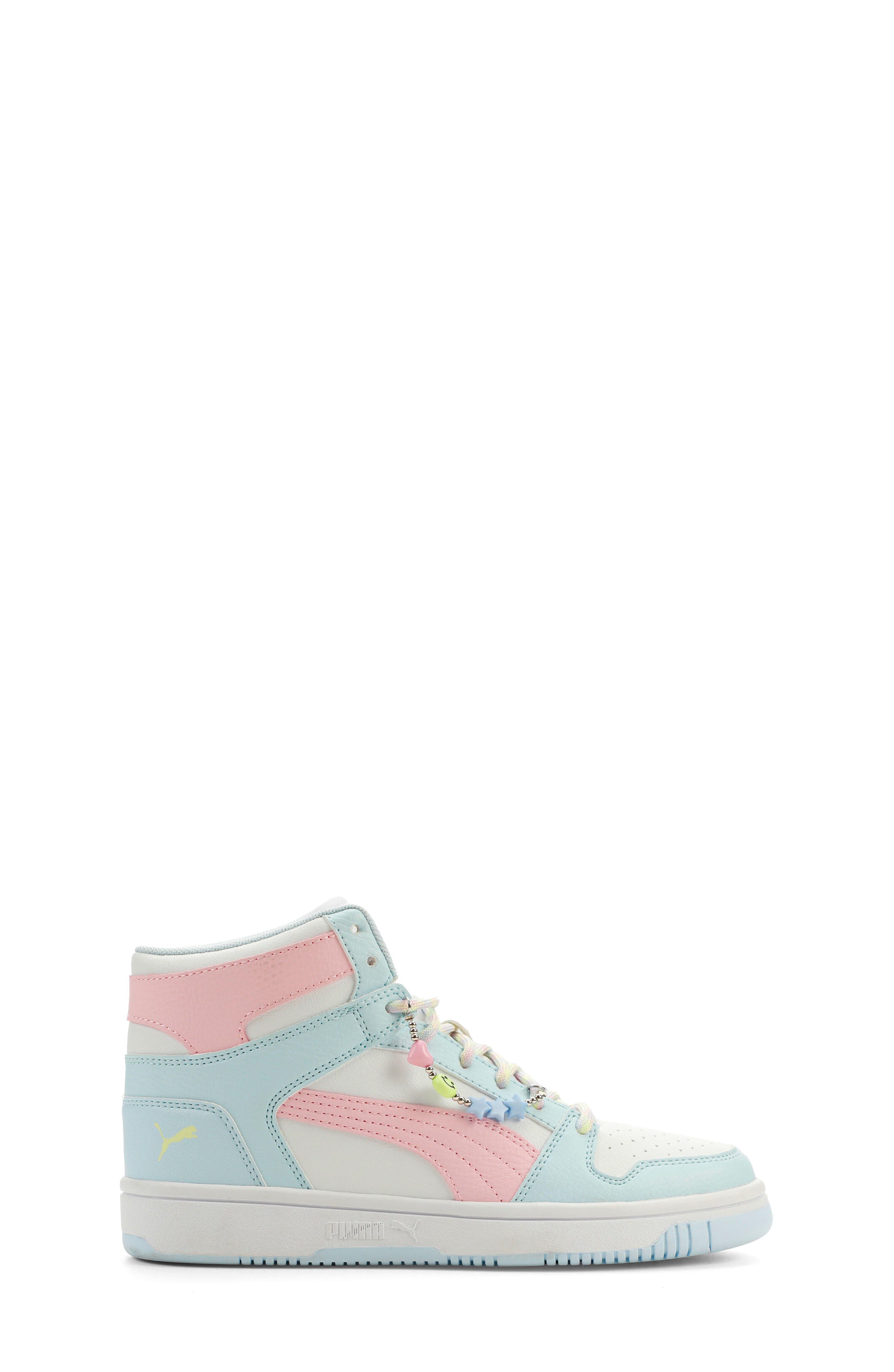 Kids' Rebound Layup High Top Sneaker with Playful Charm Accent, Alternate, color, PUMA WHITE/ PEARL PINK/ APPLE